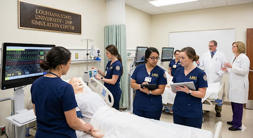 “Doctor of Nursing Practice students in a clinical simulation lab in Louisiana, collaborating with faculty on advanced patient care and leadership training.”