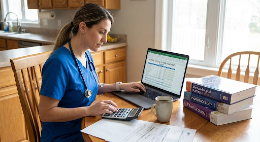 Nurse calculating tuition costs for RN to BSN program in Maine