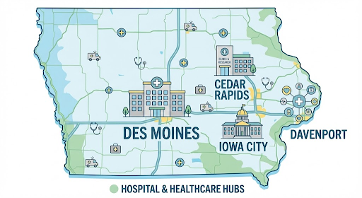 Map of Iowa with hospital icons showing strong nursing job opportunities across the state