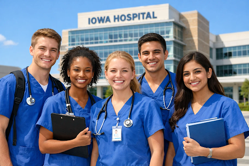 Nursing students in scrubs standing outside a hospital in Iowa, representing becoming a registered nurse in Iowa.