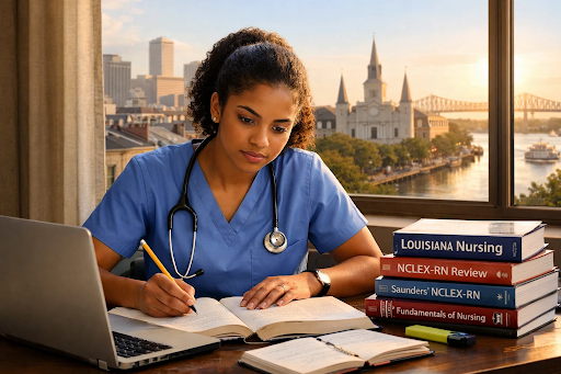 Louisiana nursing student studying for NCLEX exam to become registered nurse in New Orleans