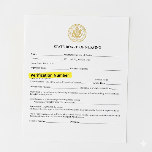 Close-up of a nursing license document showing a verification number