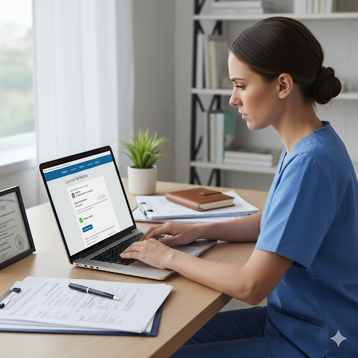 Nurse verifying Kentucky nursing license status using an online portal