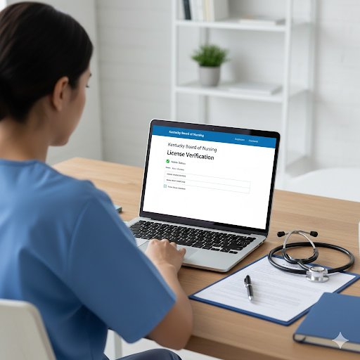 Registered nurse reviewing Kentucky nursing license verification information online