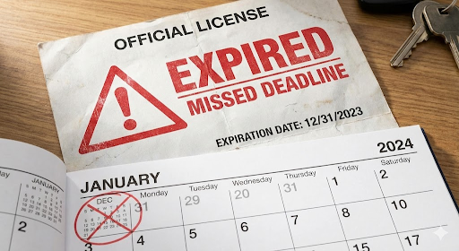 Warning symbol next to expired nursing license document
