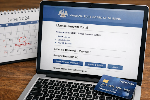 Louisiana RN completing online biennial license renewal through LSBN website
