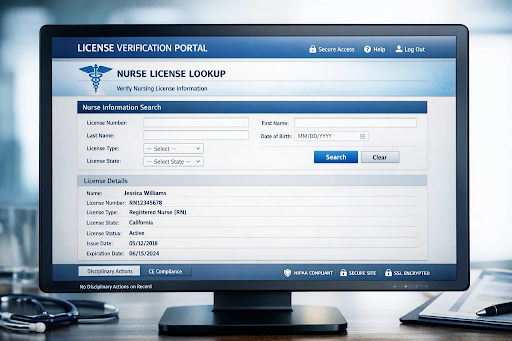 Nursing license verification displayed on a computer screen