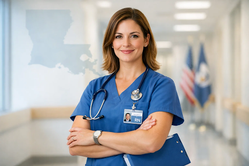 “Professional registered nurse standing confidently in a Louisiana hospital, symbolizing nursing licensure and career success in the Pelican State.”