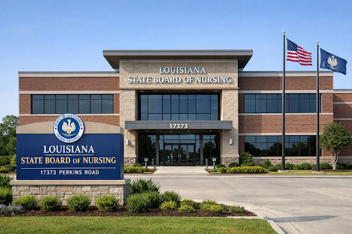 Louisiana State Board of Nursing building in Baton Rouge regulating RN licensure and nursing practice
