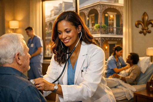 Louisiana MSN nurse practitioner student in white coat providing advanced care in New Orleans hospital setting