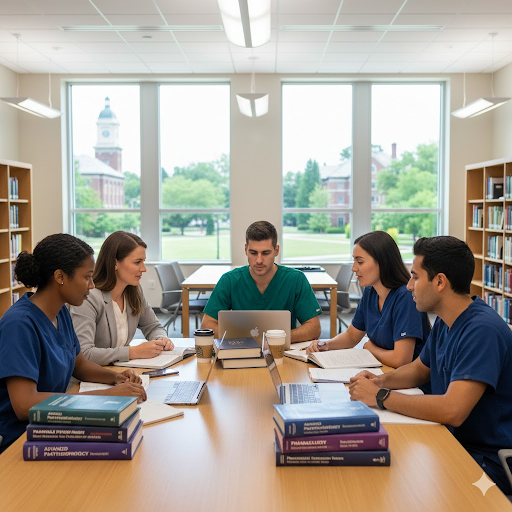 Graduate nursing students in a classroom and clinical setting, representing MSN programs in Maine.