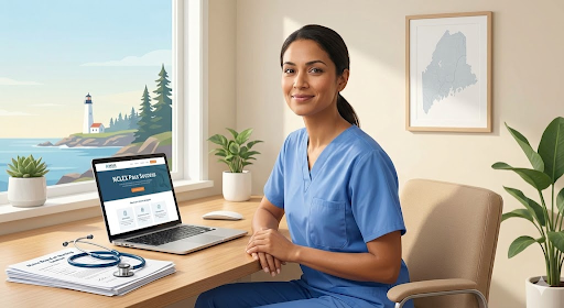 Registered nurse in Maine reviewing nursing license documents with a laptop and stethoscope, representing Maine nursing licensure and NCLEX preparation.