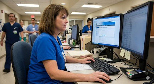 Professional nurse updating personal information on computer