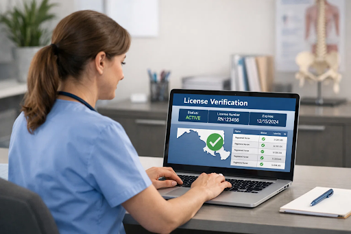 “Nurse using a laptop to verify Maryland nursing license status online.”