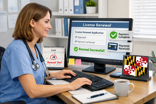 “Nurse renewing Maryland nursing license on a computer.”