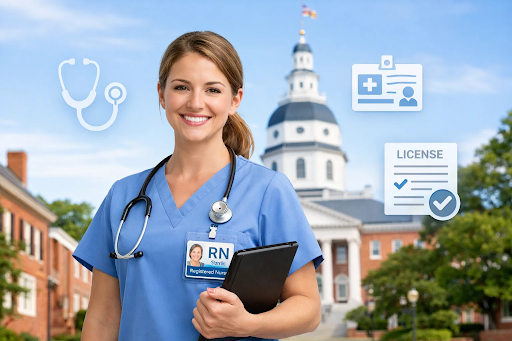 “Nurse standing in front of the Maryland State Capitol representing Maryland nursing license application, renewal, and verification process.”
