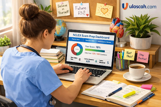 “Nursing student studying online using uloscah.com exam preparation resources.”