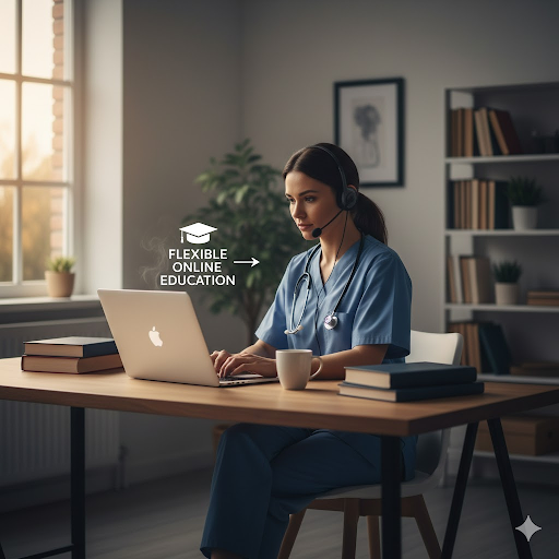 “Registered nurse studying online for an RN-to-BSN degree using a laptop at home.”