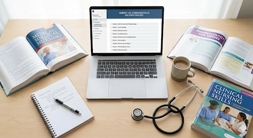 Nursing textbooks and laptop showing BSN coursework and curriculum planning