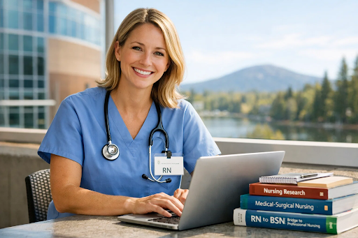 Registered nurse in Maine studying online for an RN to BSN degree with hospital in background