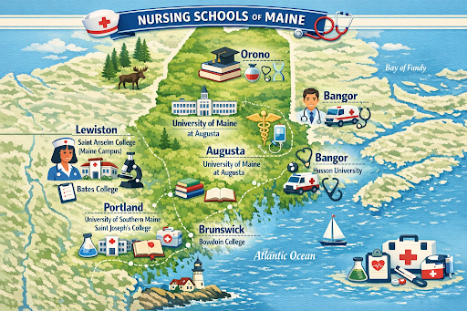 Map of Maine with nursing school locations highlighted for RN to BSN programs
