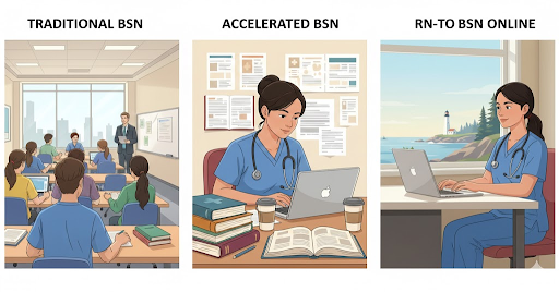 &ldquo;Different BSN program pathways in Maine including traditional, accelerated, and RN-to-BSN options.&rdquo;
