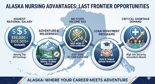 Alaska nursing benefits including $88,000-$105,000 salaries, adventure lifestyle, and loan repayment programs