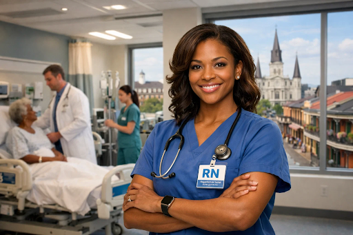 Registered nurse working at Ochsner Health System in New Orleans representing Louisiana nursing career opportunities

