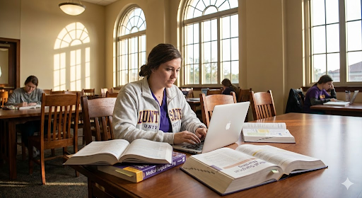 “Nursing student studying in a Louisiana campus library, planning advancement through a BSN program.”