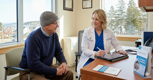 Advanced practice nurse working independently in a rural Maine clinic, representing career growth and full practice authority.