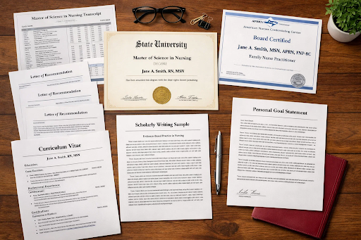 DNP application requiring MSN degree, 3.2 GPA, national certification, and scholarly writing sample
