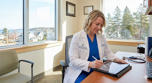 Nurse practitioner reviewing patient charts in a modern Maine clinic, representing MSN programs and advanced practice nursing careers.
